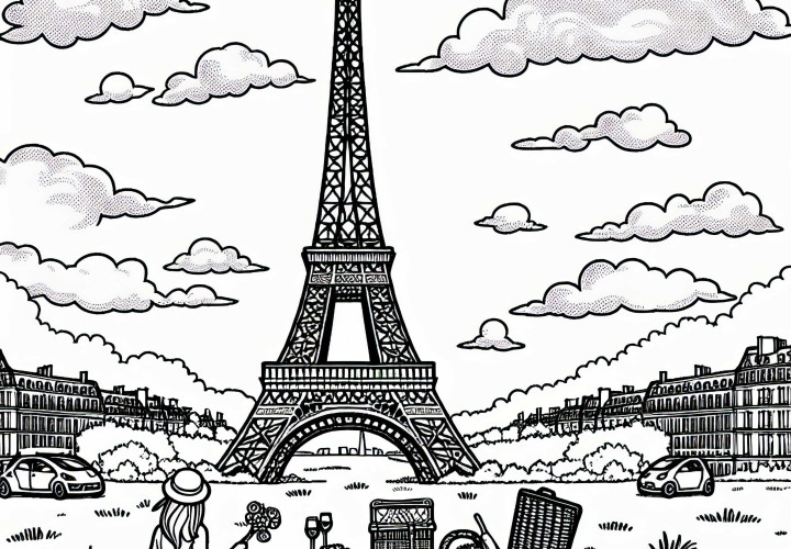 Eiffel Tower France with picnic on the meadow - coloring template Europe free Eiffel Tower France with picnic on meadow – Free coloring page Europe
