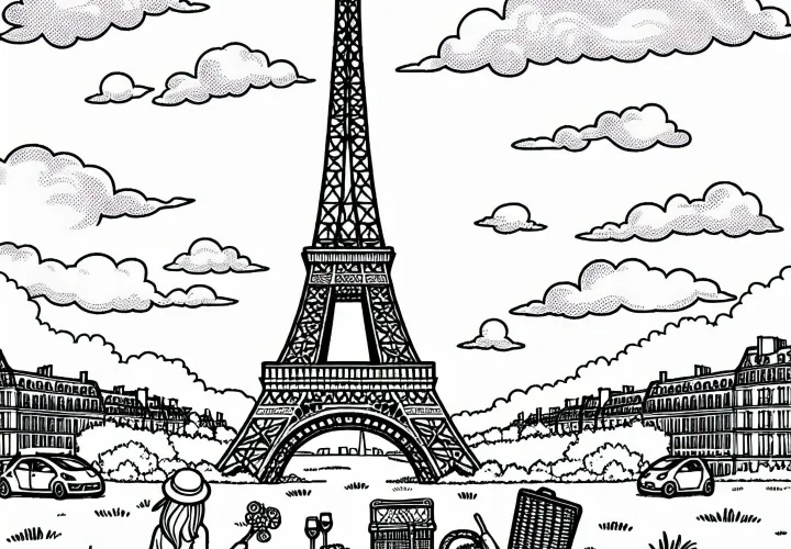 Menara Eiffel Prancis dengan piknik di padang – Buku gambar gratis Eropa