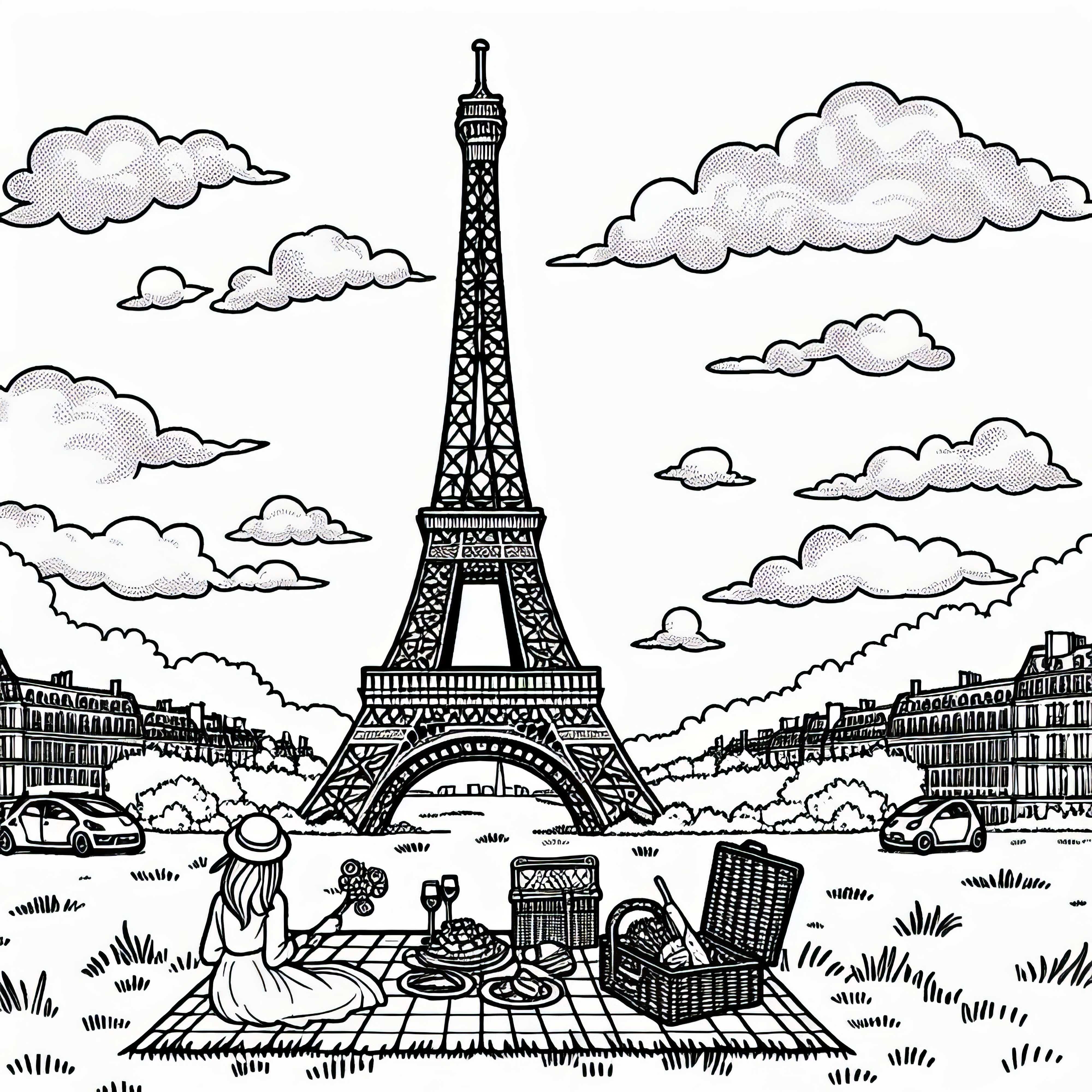 Eiffel Tower France with picnic on the meadow - Coloring page Europe Free Eiffel Tower France with picnic on the meadow - Europe coloring page free