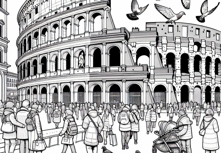 Colosseum in Rome, Italy with pigeons and tourists – Coloring page for Europe Colosseum in Rome, Italy with doves and tourists – coloring page for Europe
