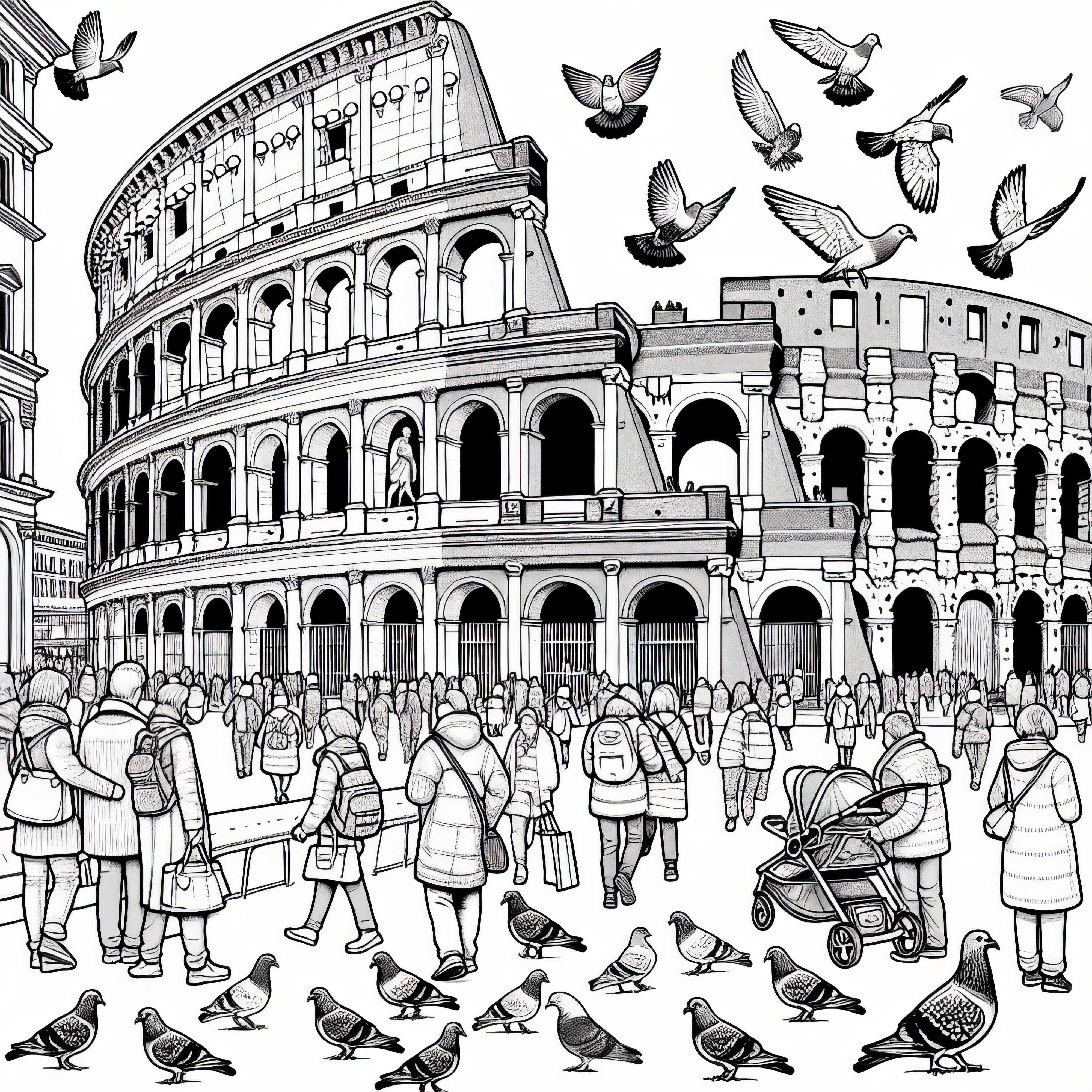 Colosseum in Rome, Italy with pigeons and tourists – Coloring page for Europe Colosseum in Rome, Italy with pigeons and tourists - coloring page for Europe