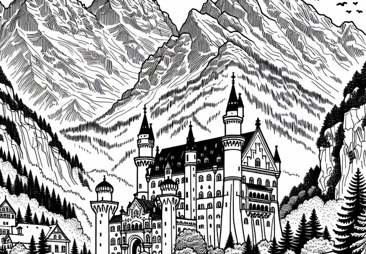 Neuschwanstein Castle in Germany with Alpine backdrop - Coloring template for Europe Neuschwanstein Castle in Germany with Alpine backdrop – Coloring template for Europe
