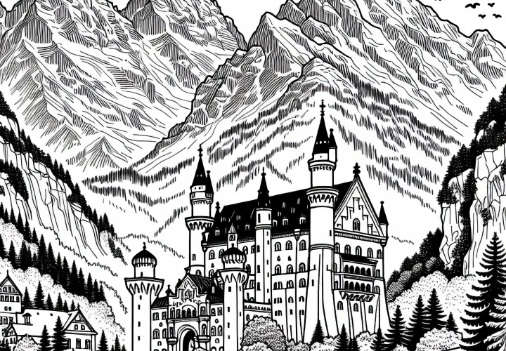 Kastil Neuschwanstein di Jerman dengan latar belakang Alpen - Template mewarnai untuk Eropa