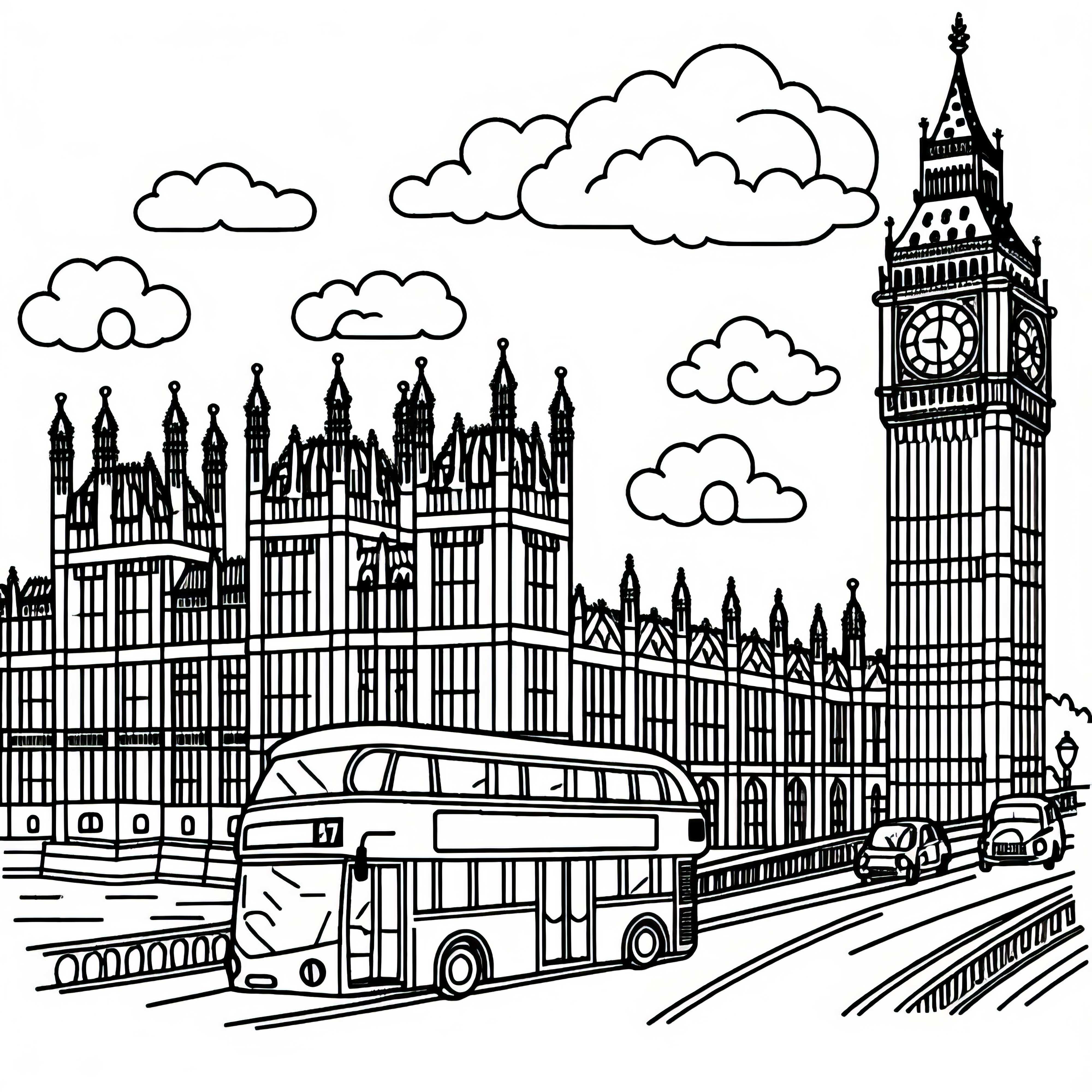 Big Ben London coloring page with double-decker bus Europe free Big Ben London with double-decker bus coloring page Europe free