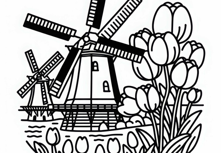 Windmills of Kinderdijk in the Netherlands with tulips as a coloring picture Windmills of Kinderdijk in the Netherlands with tulips as a coloring picture