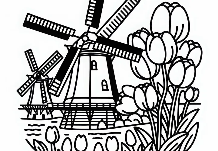 Kincir angin di Kinderdijk di Belanda dengan bunga tulip sebagai gambar untuk diwarnai