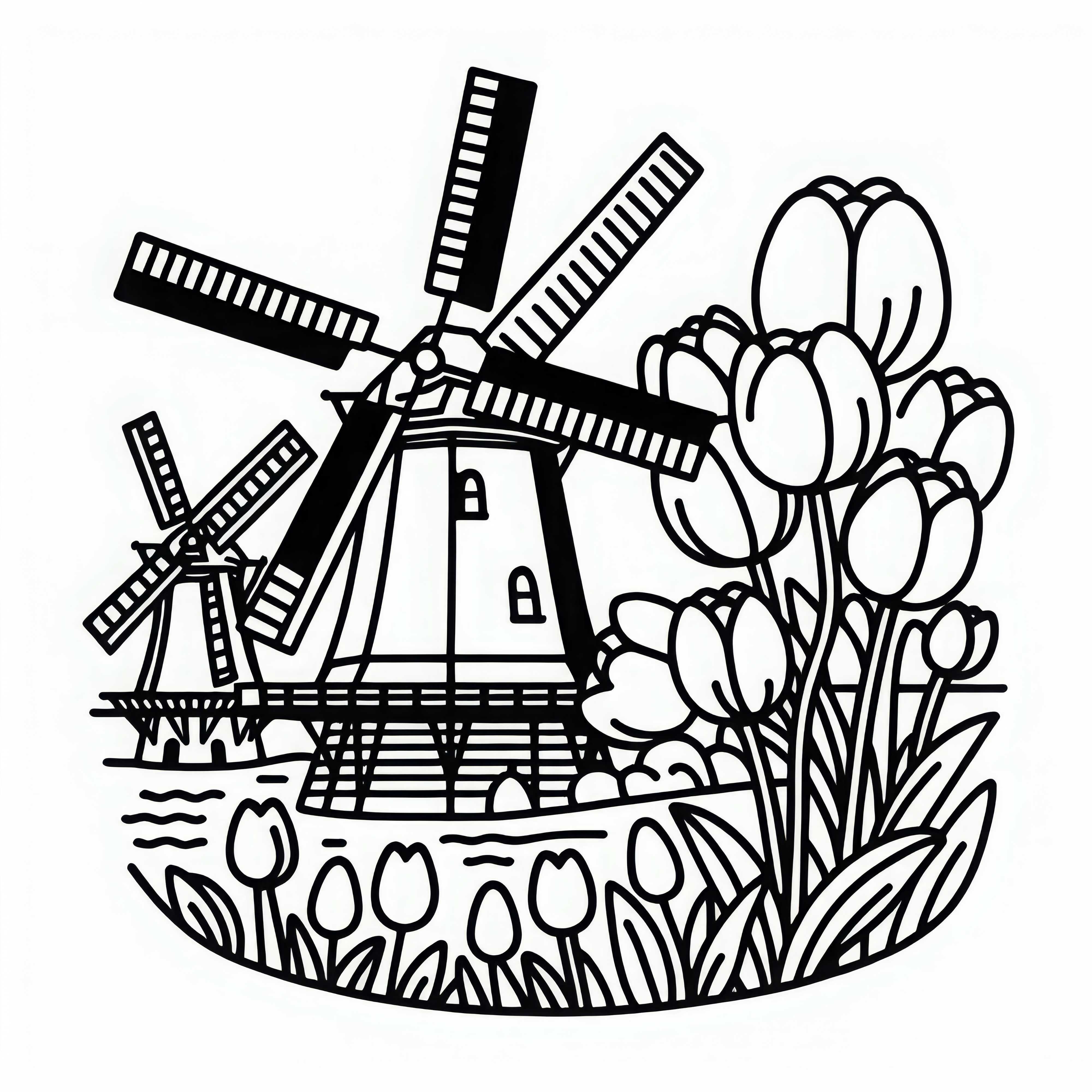 Windmills of Kinderdijk in the Netherlands with tulips as a coloring picture Windmills of Kinderdijk in the Netherlands with tulips as a coloring picture