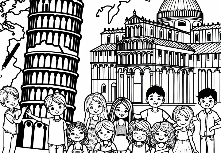 Menara condong Pisa di Italia - Lembaran.Coloring untuk Eropa