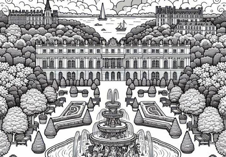 Palace of Versailles in France with fountains and gardens – Coloring page Europe free Palace of Versailles in France with fountain and garden – Coloring page Europe free of charge