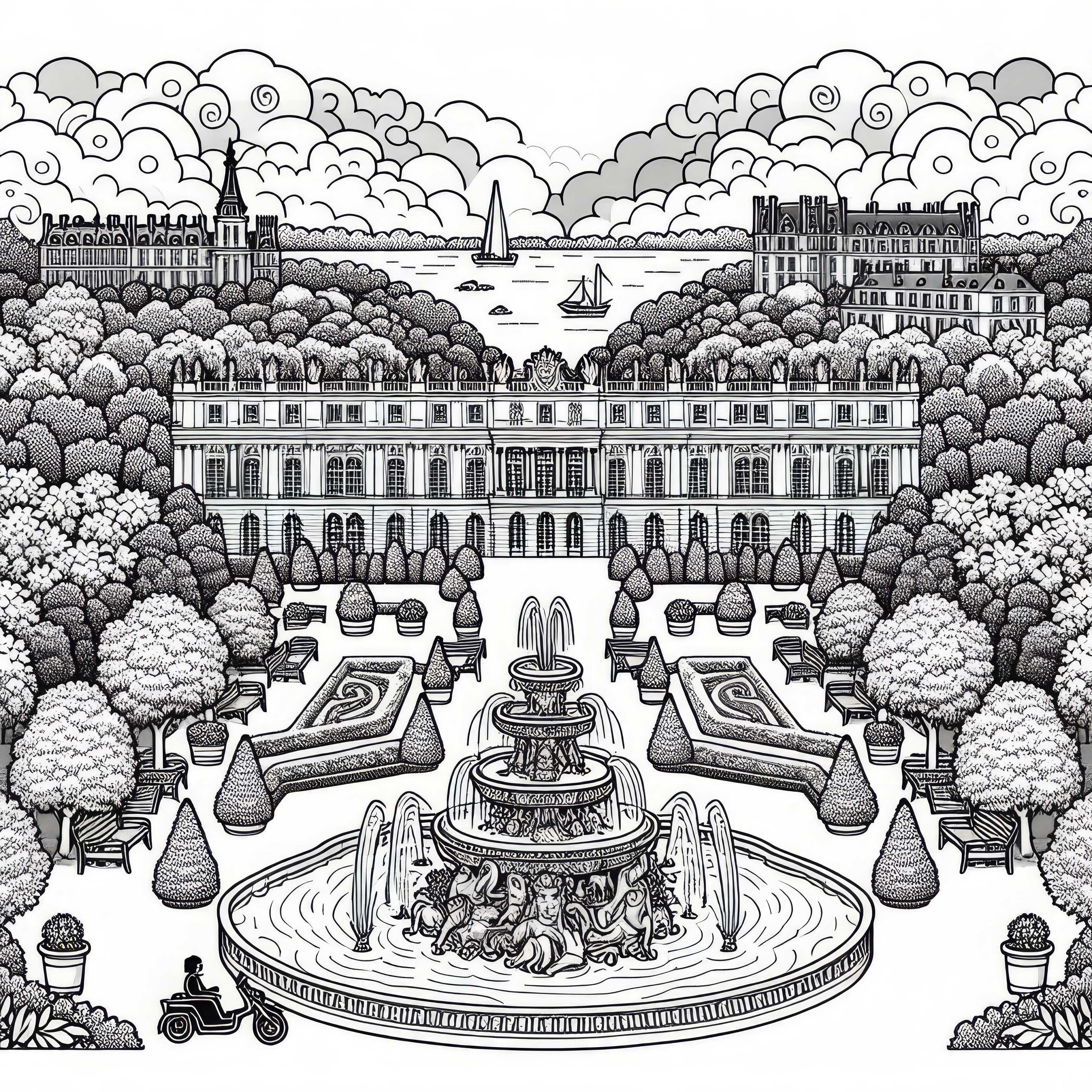 Versailles Palace in France with fountain and garden - Free coloring page Europe Palace of Versailles in France with fountains and gardens - Coloring page Europe free