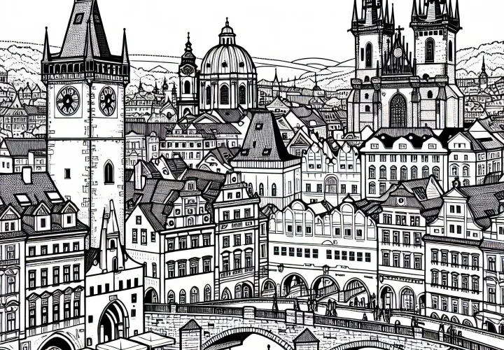 Kota Tua Praha, Republik Ceko, dengan jembatan dan menara jam - Gambar untuk diwarnai Eropa gratis