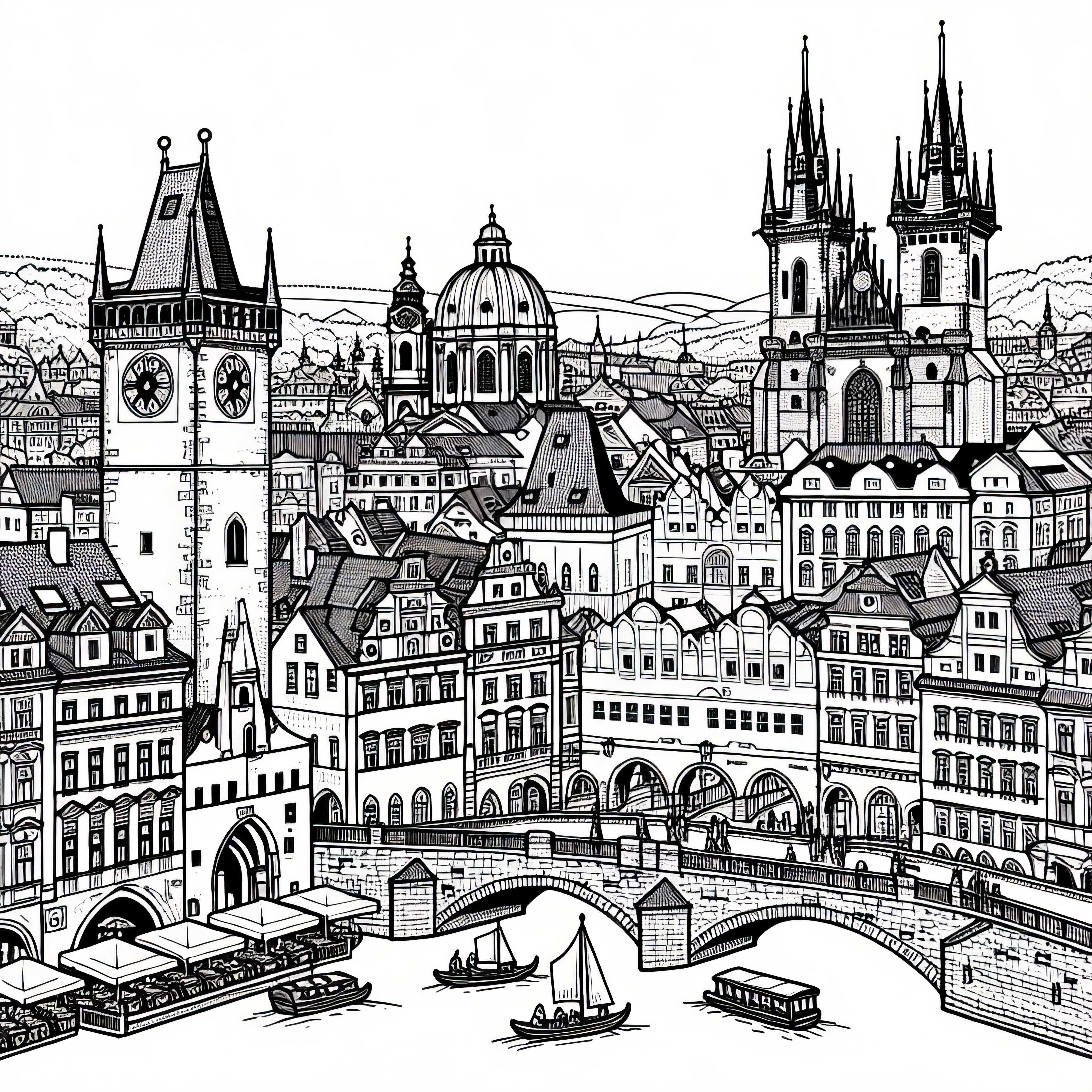 Old Town of Prague, Czech Republic, with bridge and clock tower - Coloring page Europe free Old Town of Prague, Czech Republic, with bridge and clock tower – Free coloring page Europe
