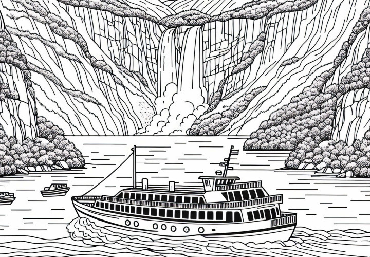 Fjord di Norwegia dengan perahu dan air terjun – Buku mewarnai Eropa gratis
