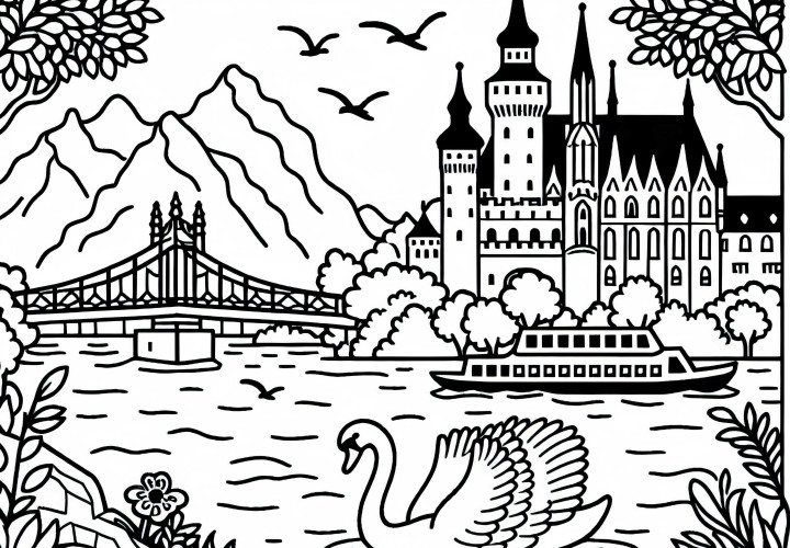 Sungai Danube dengan angsa dan kastil sebagai gambar mewarnai dari Eropa gratis