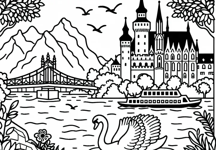 Sungai Danube dengan angsa dan kastil sebagai gambar mewarnai dari Eropa gratis