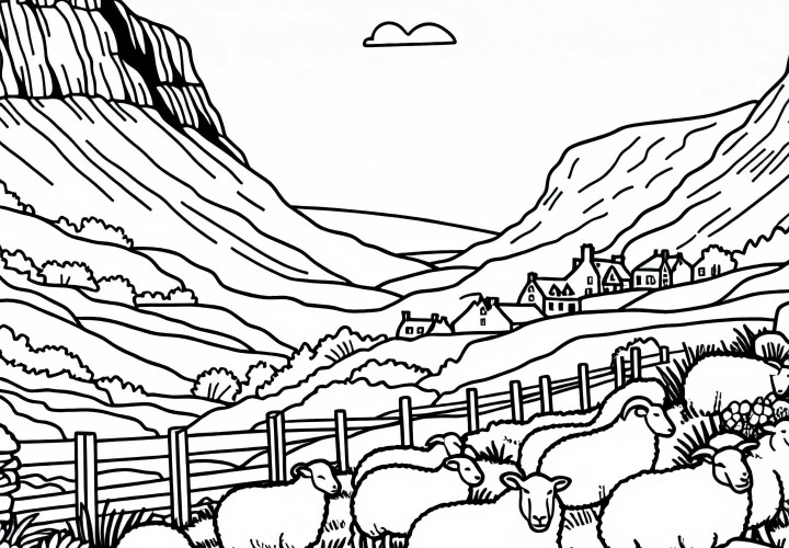 Lanskap perbukitan Skotlandia dengan domba - Template pewarnaan gratis