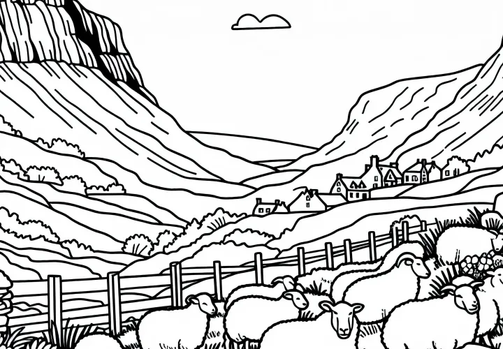 Lanskap perbukitan Skotlandia dengan domba - Template pewarnaan gratis