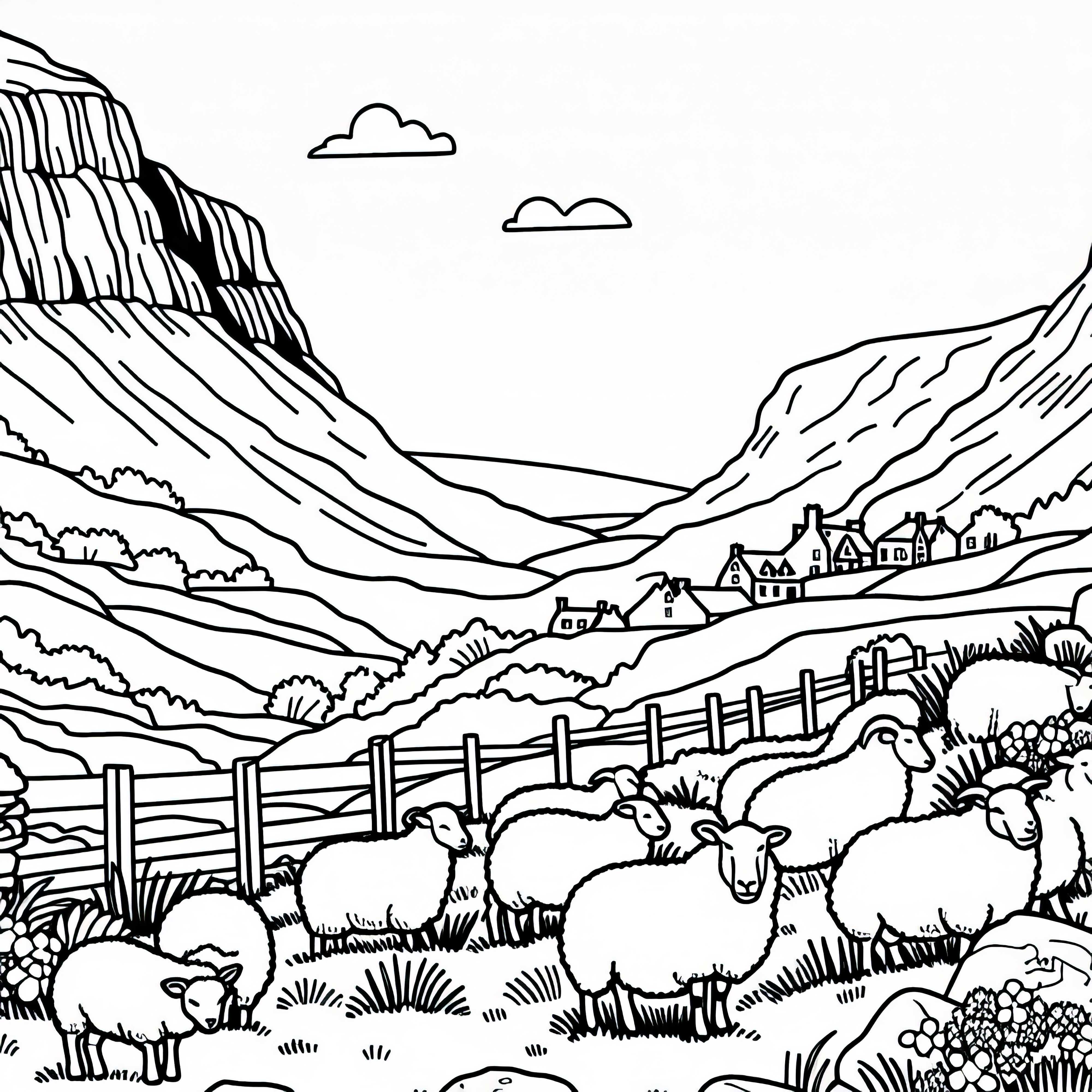 Lanskap perbukitan Skotlandia dengan domba - Buku gambar gratis