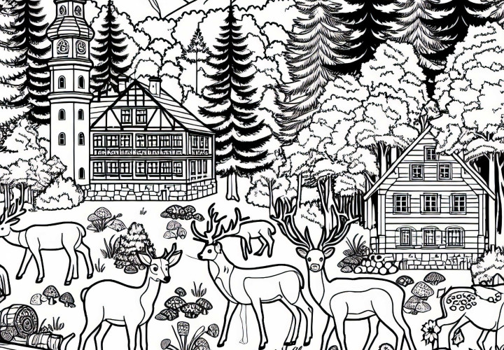 Hutan Hitam dengan hewan hutan dan pohon, lembar warna - Unduh Gratis