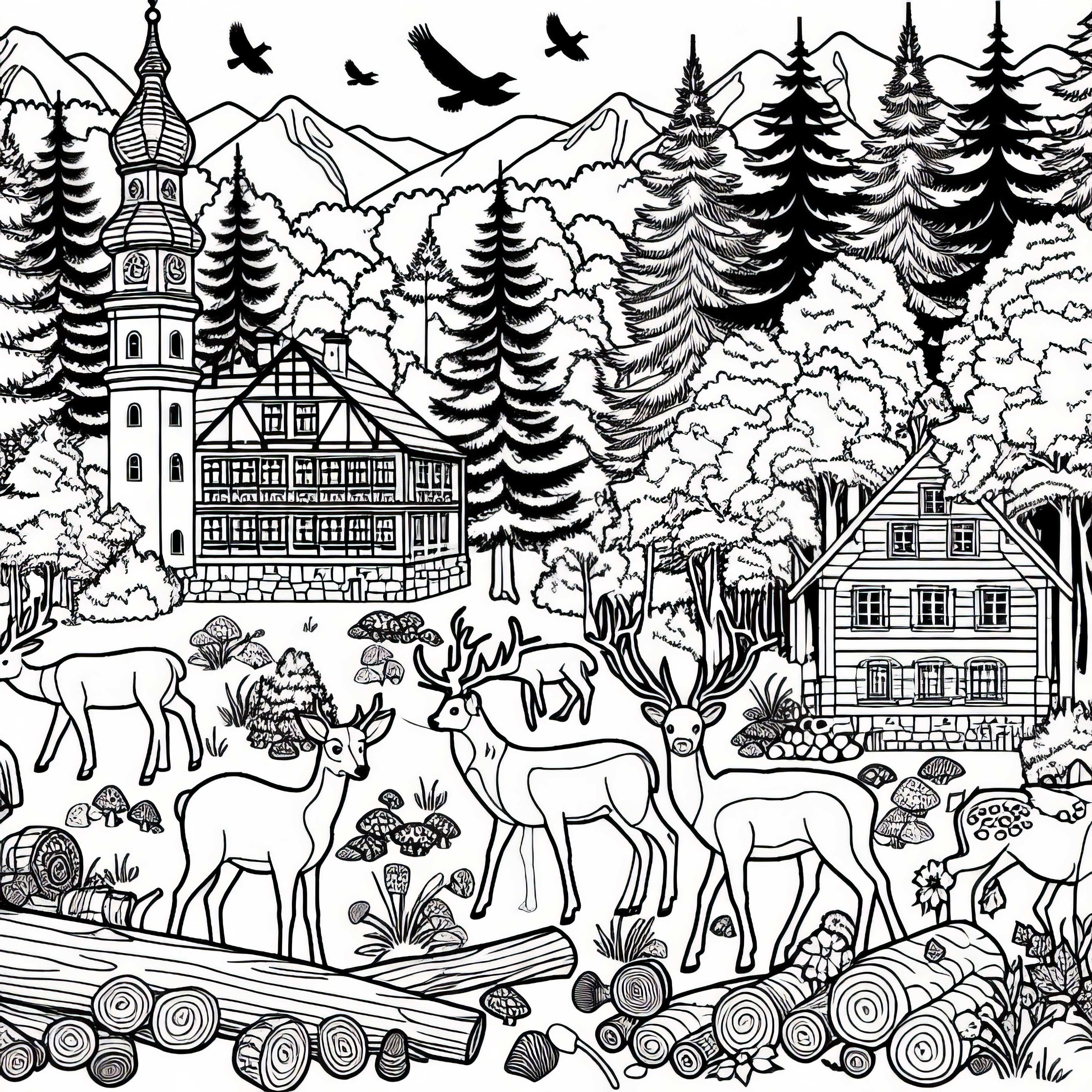 Hutan Hitam dengan hewan hutan dan pohon gambar untuk diwarnai - Unduh Gratis
