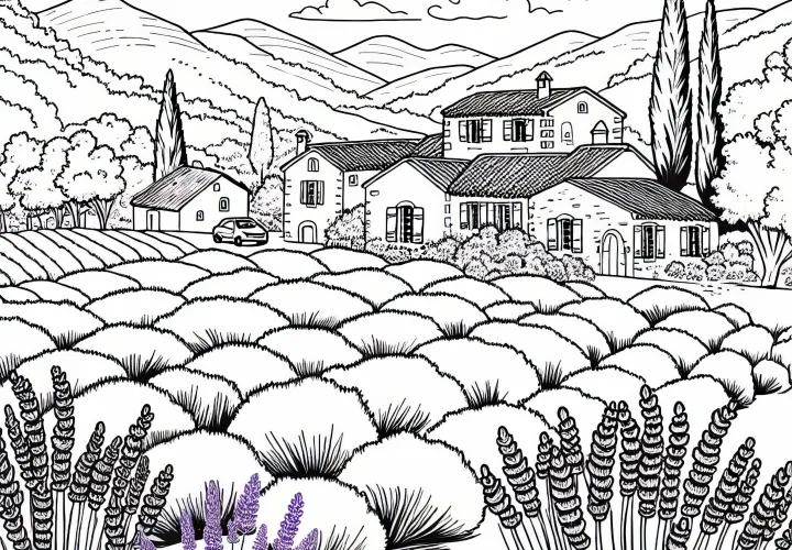 Ladang lavender di Provence dengan desa kecil – Gambar mewarnai Eropa gratis