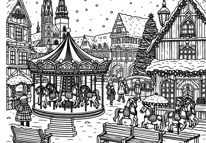 Pasar Natal dengan kios kayu dan gambar kegiatan anak – Unduhan Gratis