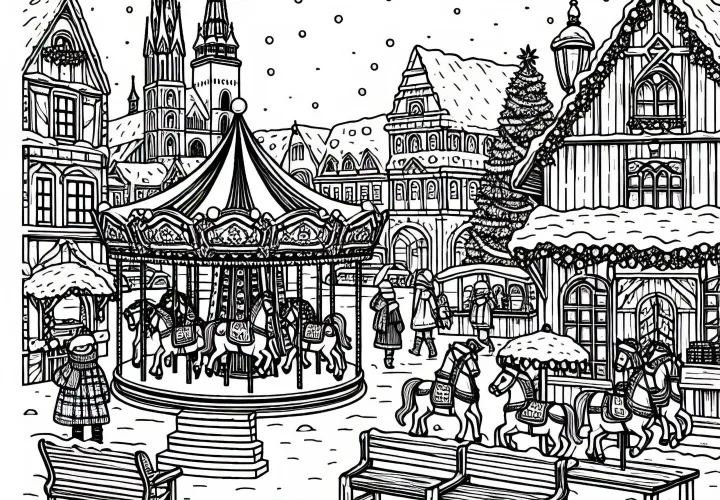 Pasar Natal dengan kios kayu dan gambar kegiatan anak – Unduhan Gratis