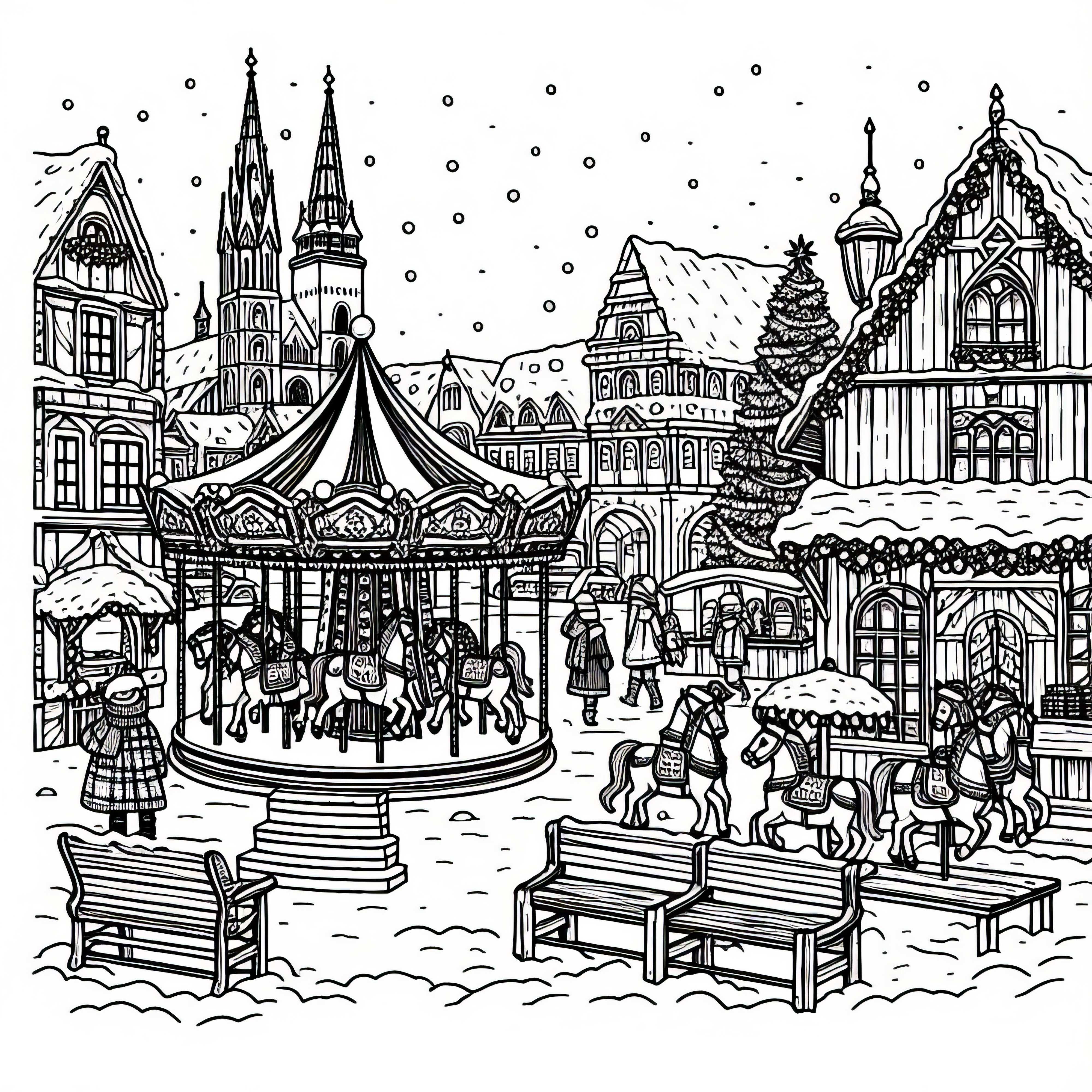 Pasar Natal dengan kios kayu dan gambar putar anak - Unduhan Gratis Templat Mewarnai Pasar Natal dengan Gubuk Kayu dan Kereta Putar Anak - Unduhan Gratis