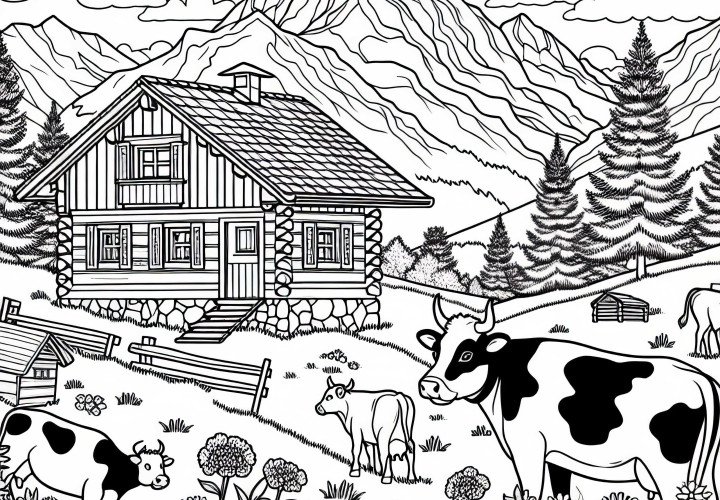 Alpen dengan kabin, sapi, dan bunga pegunungan - Template mewarnai dari Eropa gratis untuk diunduh