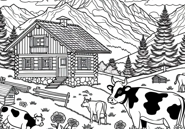 Alpen dengan kabin, sapi, dan bunga pegunungan - Template mewarnai dari Eropa gratis untuk diunduh