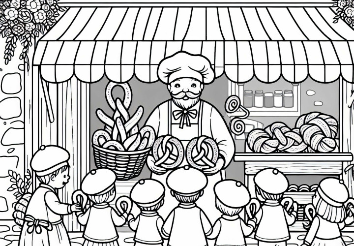 Pembuat roti dengan pretzel, croissant, dan anak-anak di depannya - Gambar mewarnai Eropa gratis