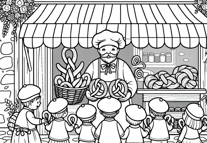 Pembuat roti dengan pretzel, croissant, dan anak-anak di depannya - Gambar mewarnai Eropa gratis