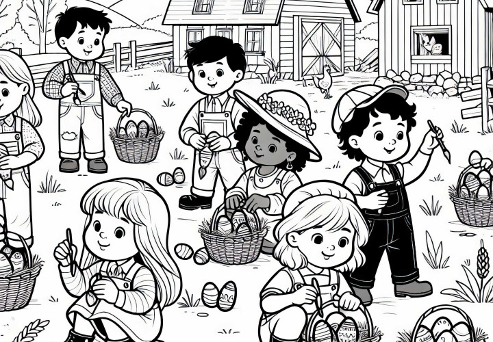 Anak-anak sedang mewarnai telur Paskah di halaman pertanian Template mewarnai Eropa Gratis
