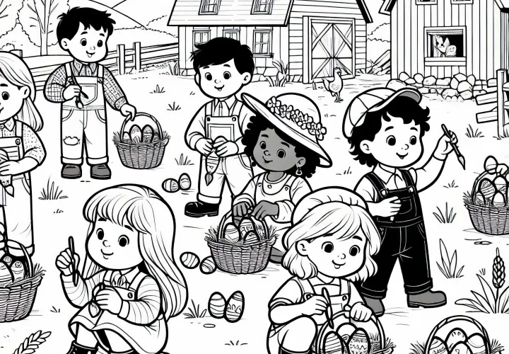 Anak-anak sedang mewarnai telur Paskah di halaman pertanian Template mewarnai Eropa Gratis