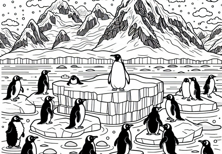 Paisagem de gelo com pinguins em icebergs - Desenho para colorir Antártida grátis