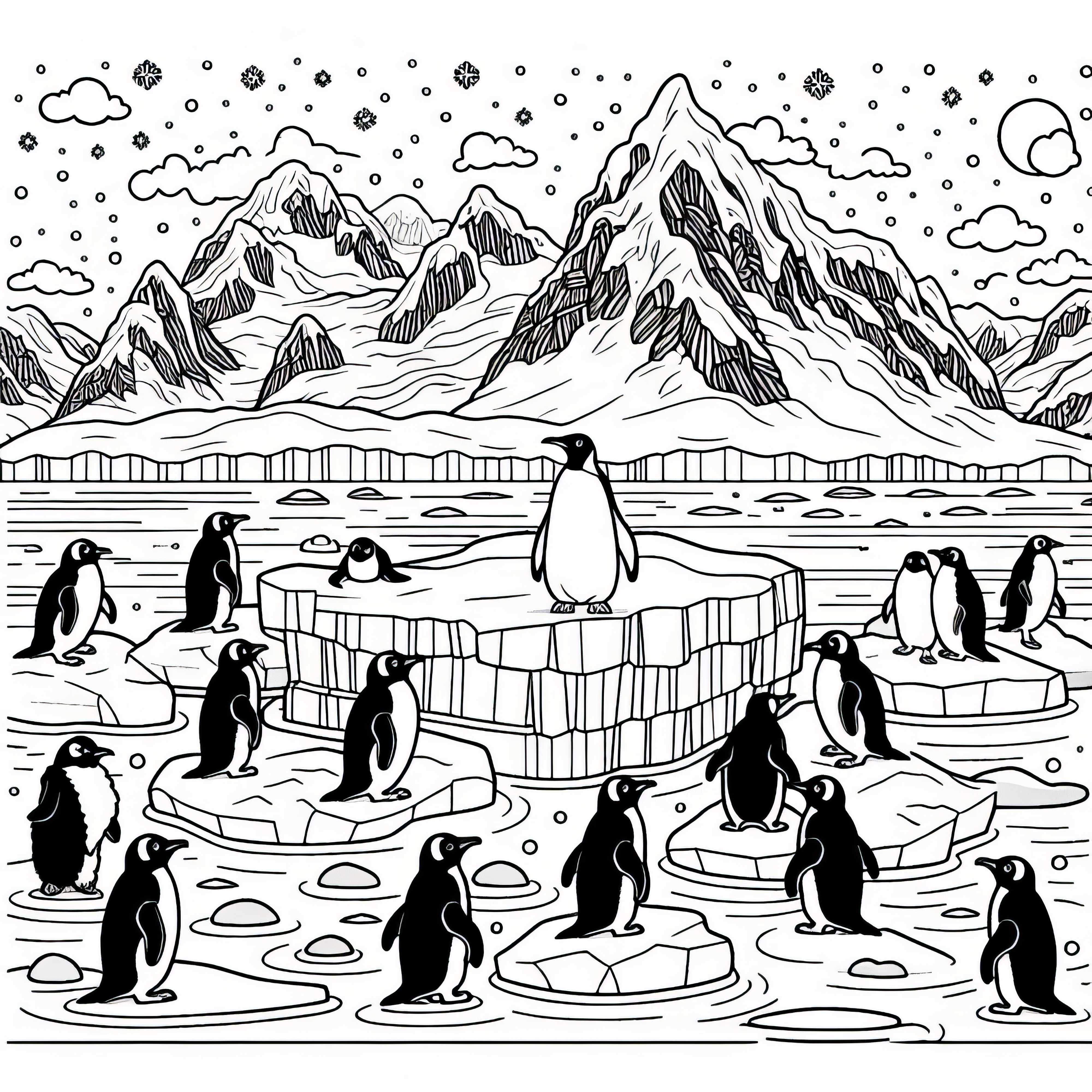Paisagem de gelo com pinguins em um bloco de gelo - Desenho para colorir da Antártida gratuito