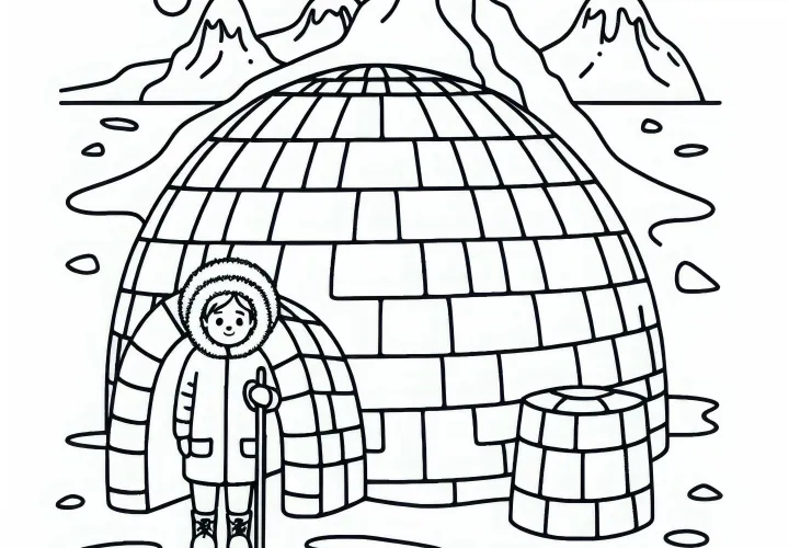 Iglu dengan anak berpakaian musim dingin – Template mewarnai Antarktika Gratis