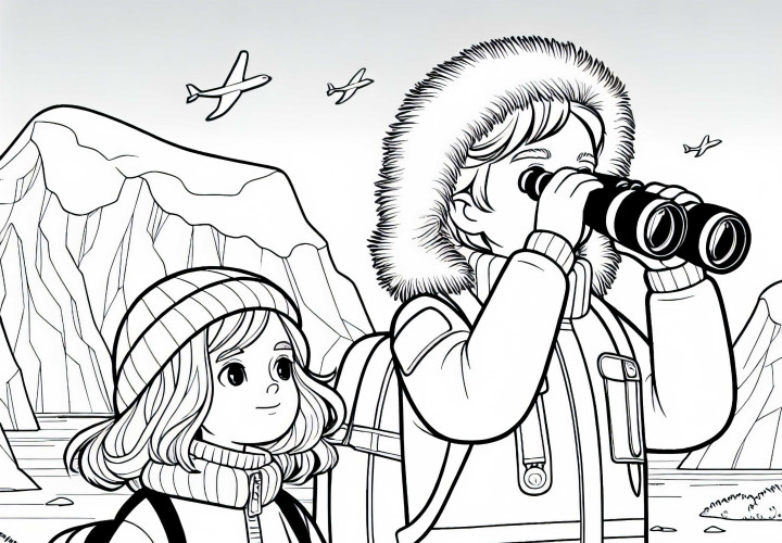 Crianças em jaquetas de explorador observam através de binóculos – Modelo de pintura Antártica gratuito