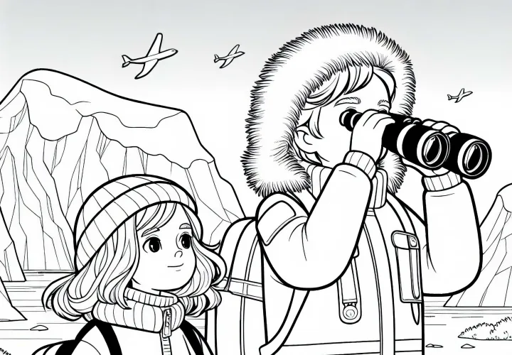 Anak-anak dalam jaket peneliti melihat melalui teropong - Template mewarnai Antarktis gratis