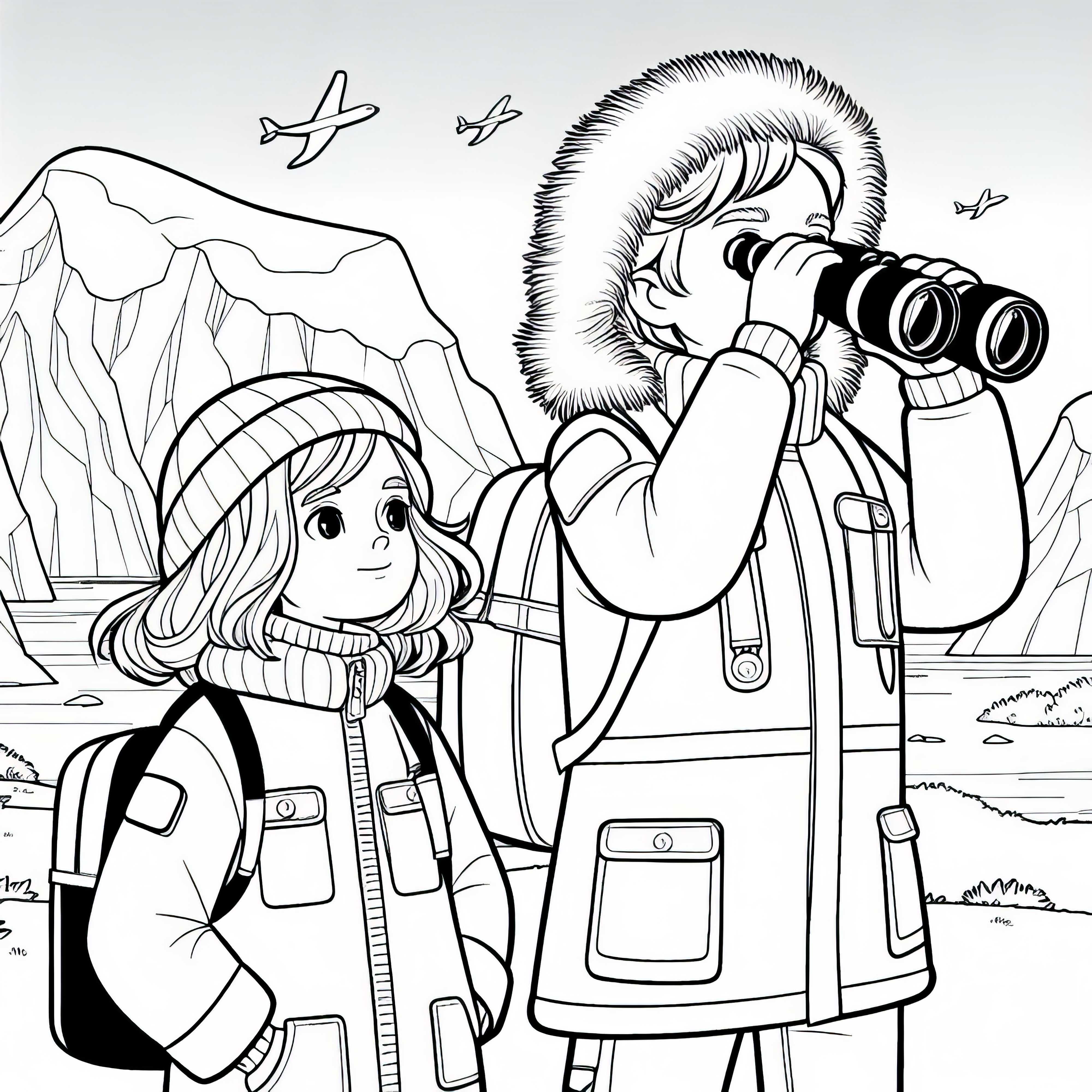 Crianças em jaquetas de pesquisador observam através de binóculos – Modelo para colorir Antártica gratuito Crianças em jaquetas de pesquisador olham através de binóculos - Desenho para colorir Antártica gratuito