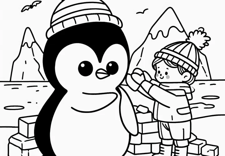 Anak membangun penguin salju dengan topi - Gambar untuk diwarnai dari Antartika gratis