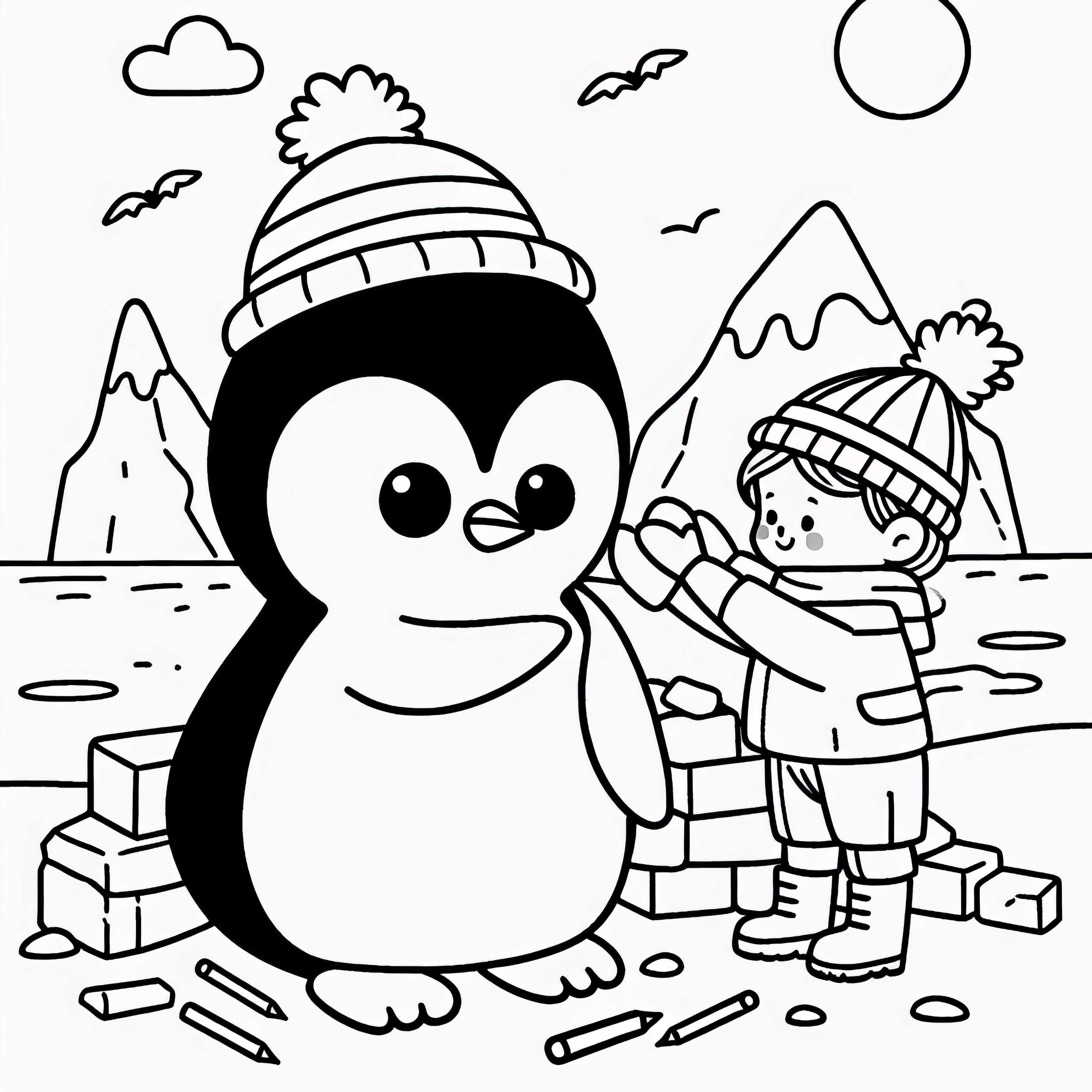 Criança constrói um pinguim de neve com chapéu – Desenho para colorir da Antártida gratuito Criança constrói pinguim de neve com chapéu – Desenho para colorir da Antártica grátis