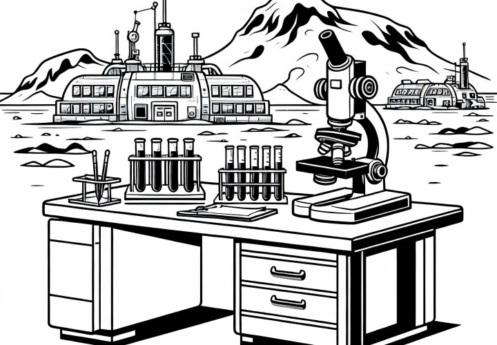 Trabalho no gelo com tubos de ensaio, microscópio – Desenho para colorir Antártica grátis