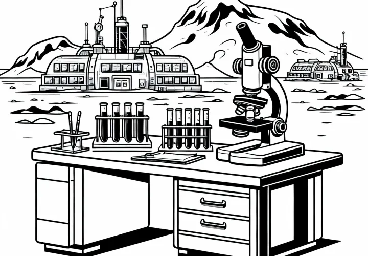 Labor di es dengan tabung reaksi, mikroskop - Gambar untuk diwarnai Antarktika gratis