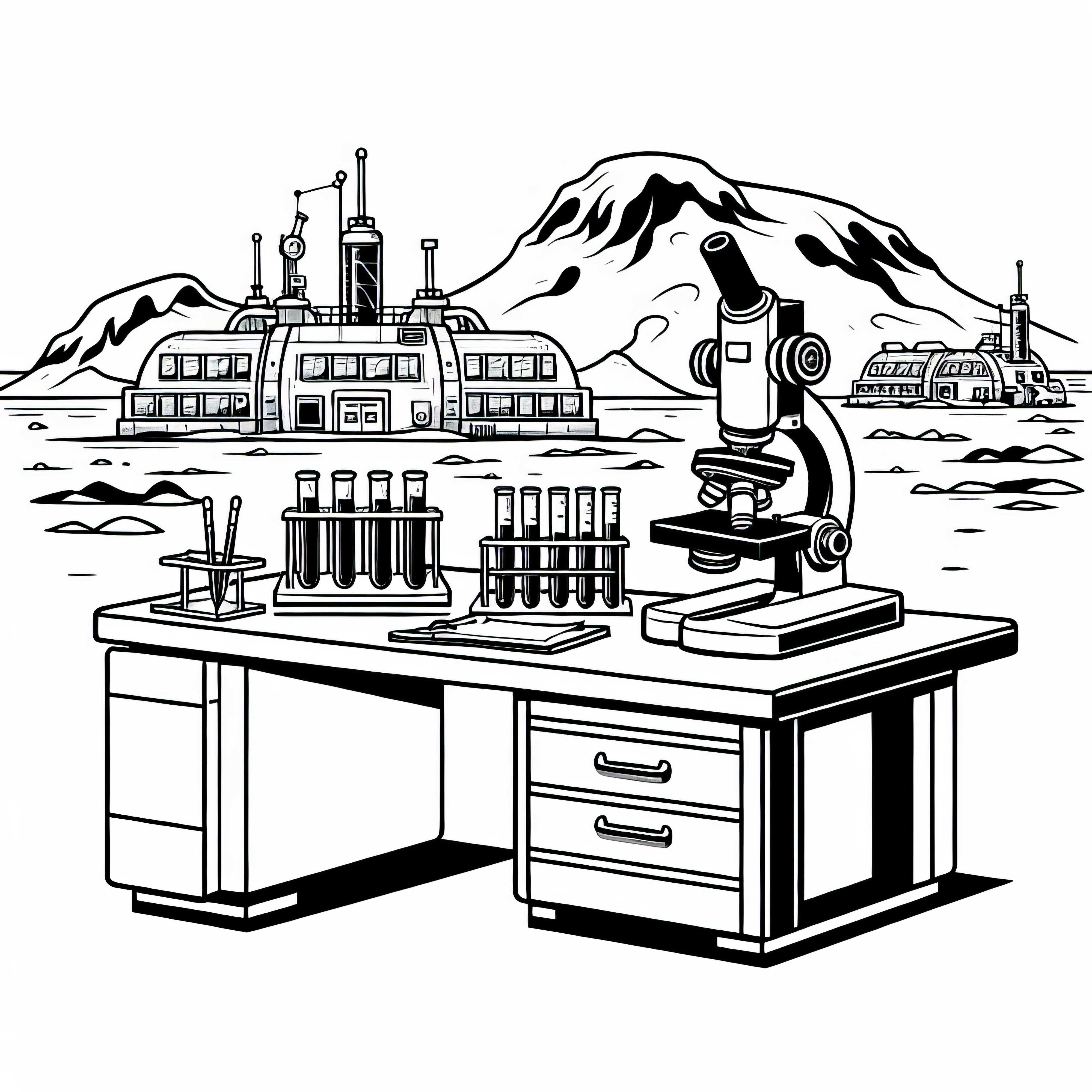 Laboratório no gelo com tubos de ensaio, microscópio – Livro de colorir Antártida gratuito Trabalho no gelo com tubos de ensaio, microscópio - Desenho para colorir da Antártica grátis