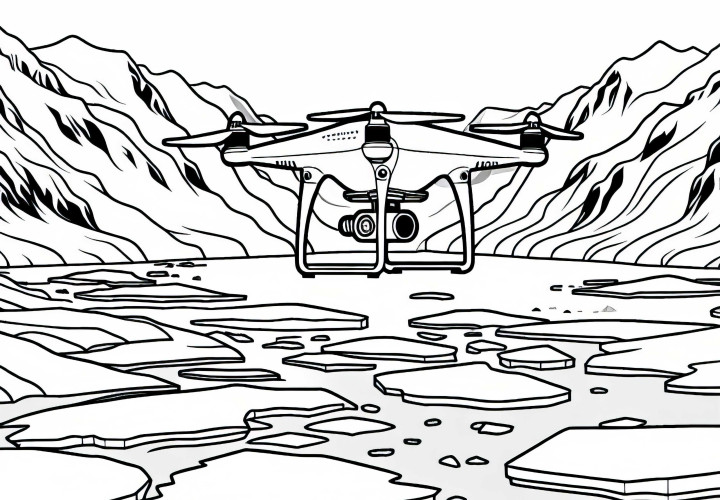 Drone voa sobre paisagem glacial - Desenho para colorir Antártica grátis