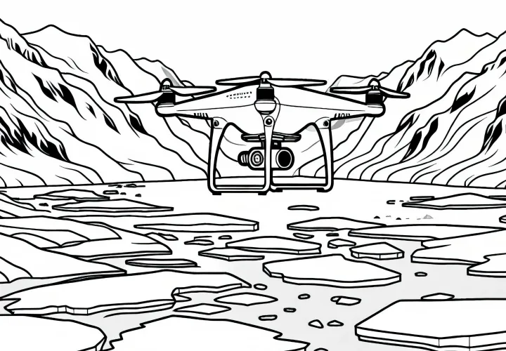 Drone terbang di atas lanskap gletser - Gambar mewarnai Antarktika gratis