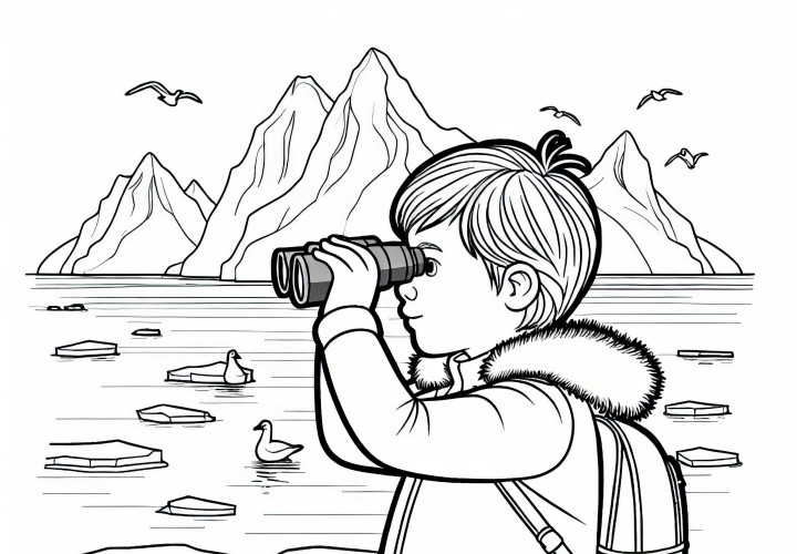 Criança persegue blocos de gelo com binóculos – Modelo para colorir Antártida grátis