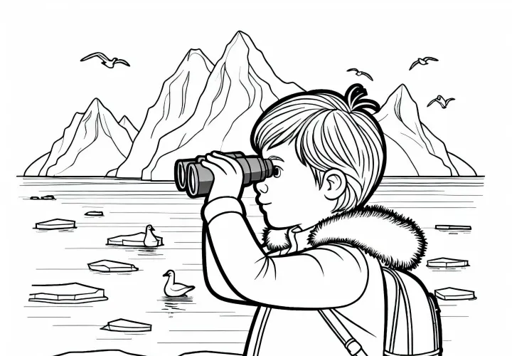 Anak kecil mengamati bongkahan es dengan teropong - Template mewarnai Antartika gratis