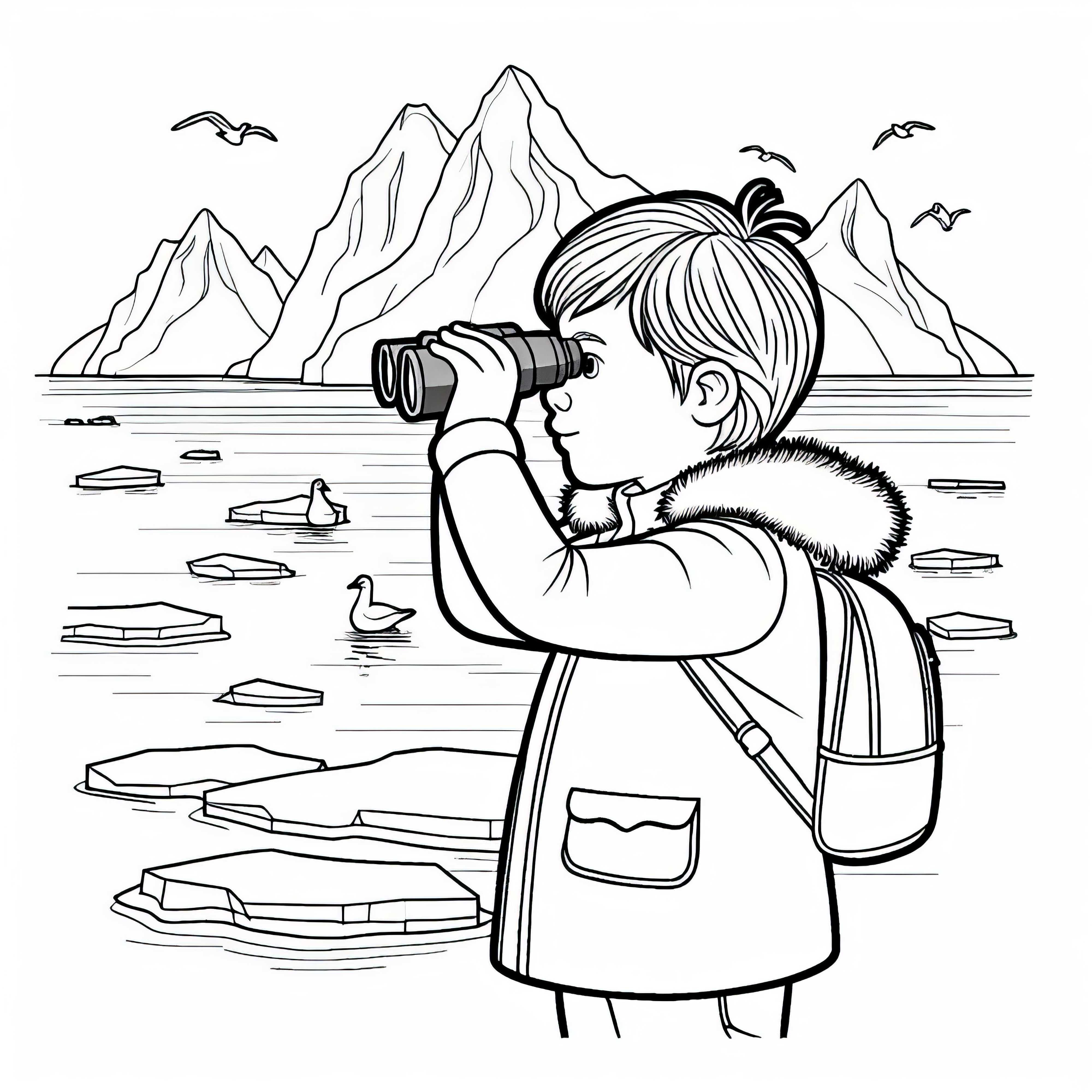 Criança observa blocos de gelo com binóculos – Modelo para colorir da Antártica grátis